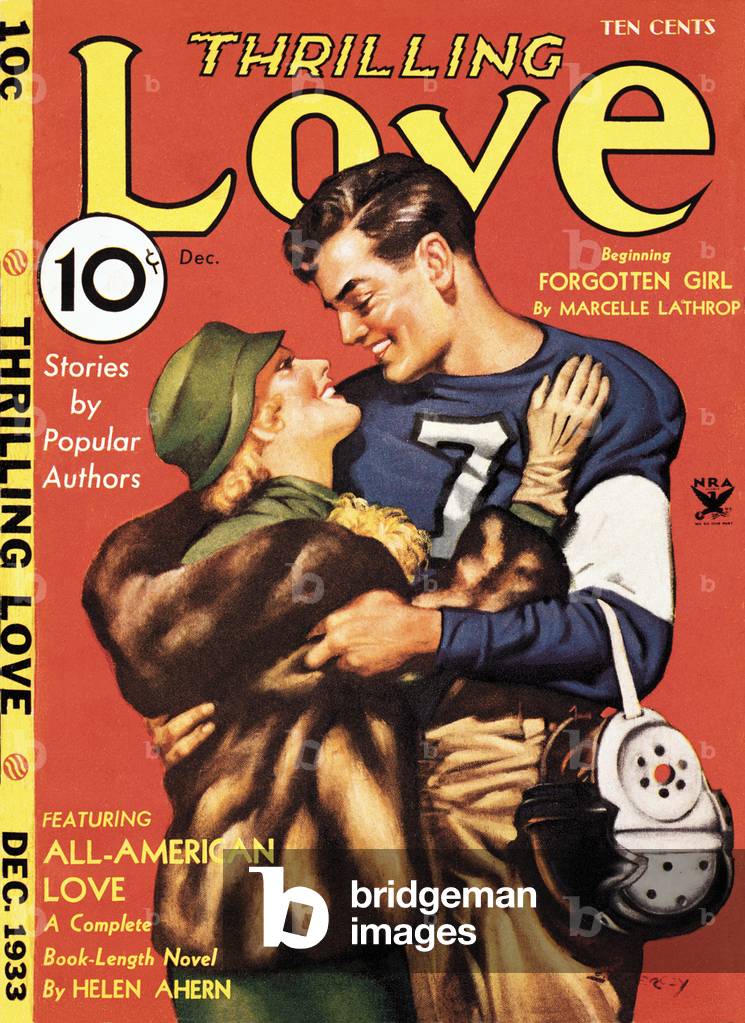 Football. A college football player and woman in fur coat embracing and smiling at each other, Illus. in Thrilling love, Dec 1933