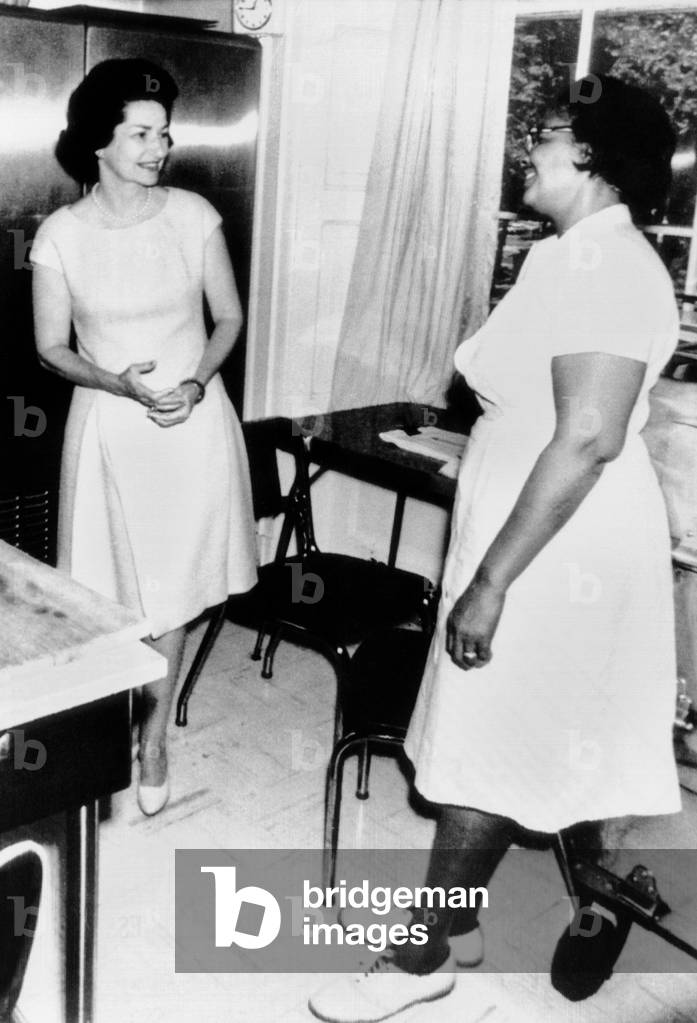 Lady Bird Johnson, with White House cook Zephyr Wright on May 5, 1966. As a young women, Wright became the housekeeper and cook for Lady Bird Johnson and remained with the LBJ family for decades. Her husband Sammy was the Johnsons' chauffeur. At the signing ceremony for the Civil Rights Act of 1964, LBJ gave her the signing pen, saying, 'You deserve this more than anybody else.'