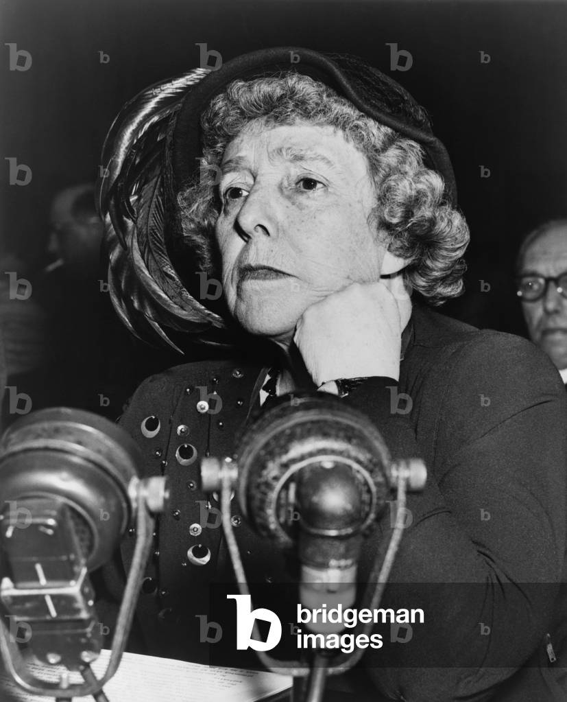 Dorothy Kenyon before the Senate Foreign Relations subcommittee, answering accusations of Joseph McCarthy that she aided communist front organizations. McCarthy backed off when Kenyon, a lawyer, judge, feminist and civil liberties activist was defended by Eleanor Roosevelt and the New York Times. 1950