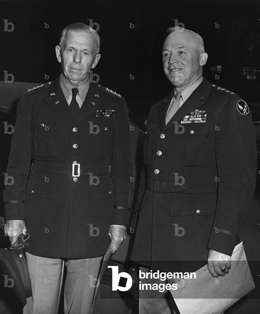 Gen. George Marshall and Army-Air Force Gen. Hap Arnold during World War 2. Chief of Staff Marshall was a mentor and friend to Arnold, and a promoter of the Air Force's growth and independence during the war. c. 1942-45