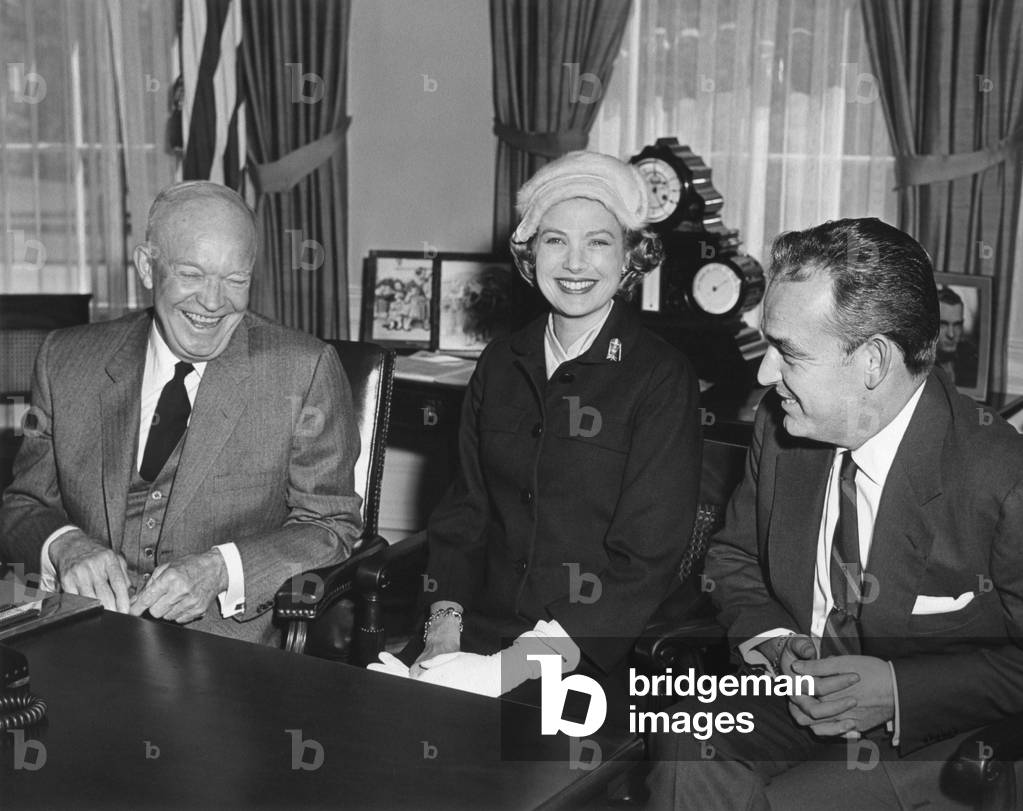President Dwight Eisenhower meeting with Prince Rainer and Princess Grace of Monaco. Oct. 11, 1956.