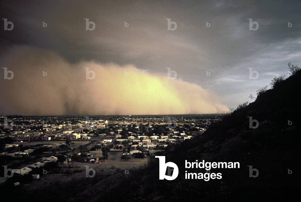 Dust storm over Phoenix Arizona on Labor Day 1972. No rain had fallen in the area for 153 days