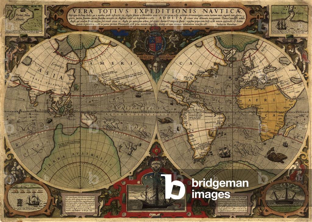 1595 world map shows routes around the world of Sir Francis Drake (engraving)