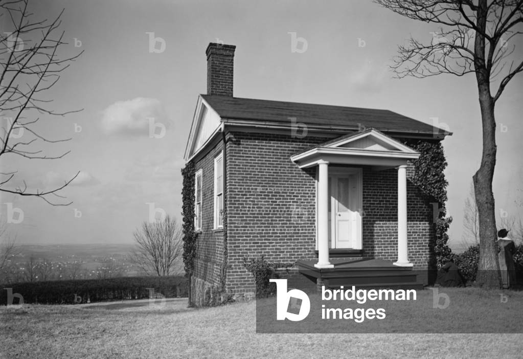Monticello, the home built by Thomas Jefferson in the 1770s. This small outbuilding sheltered the newly wed Martha Wayles Skelton and Thomas Jefferson during the construction of the main Monticello house in the 1770's. c. 1930s
