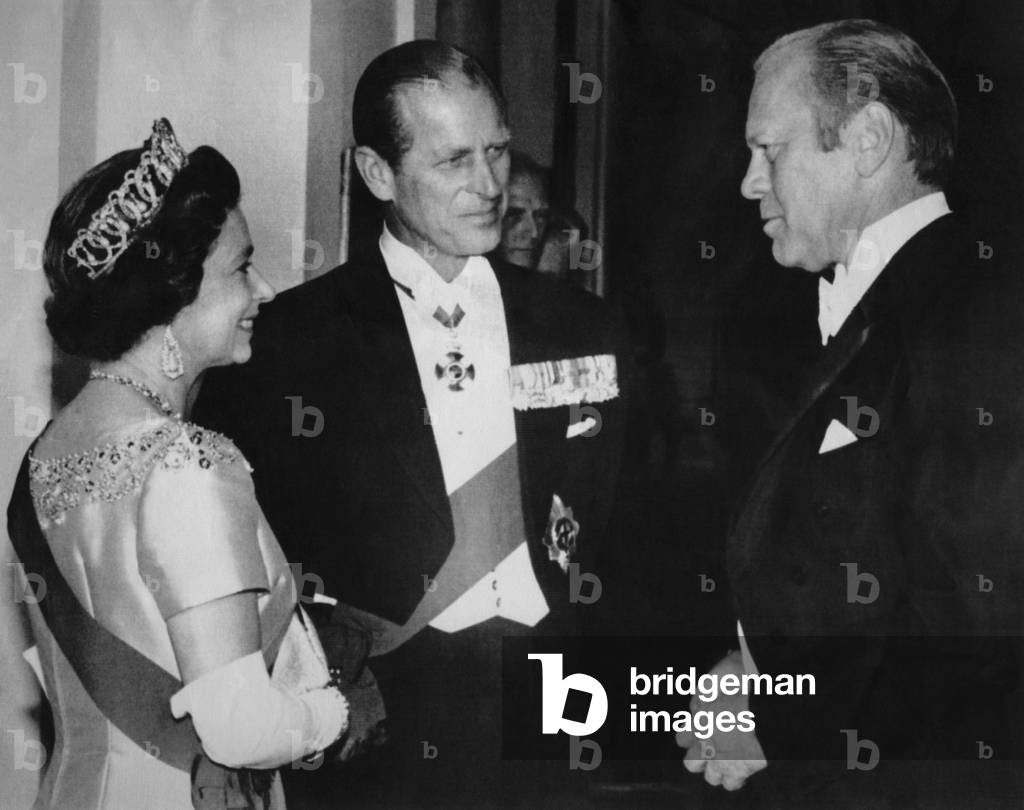 British Royalty. From left: Queen Elizabeth II of England, Duke of Edinburgh Prince Philip, US President Gerald Ford, London, England, 1976
