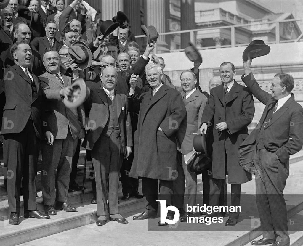 Nicholas Longworth (1869-1931), is cheered by his fellow Republican Representatives after he was elected to be Speaker of House. Feb. 28, 1925