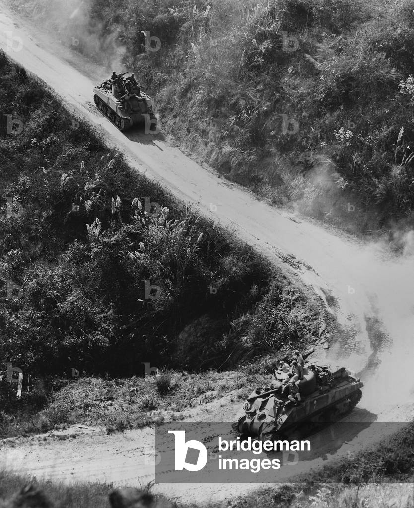 Allied Tanks use the Burma Road for the first time in two years in Jan. 1945. Also called the 'Ledo Road', it was the only overland supply route to China during World War 2
