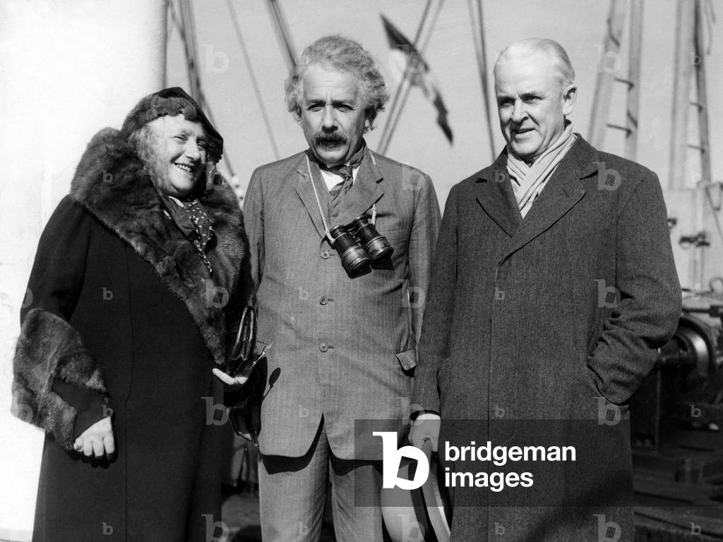 Albert Einstein and wife are greeted by Robert A. Millikan aboard the S.S. Oakland, Los Angeles, 1933 (b/w photo)
