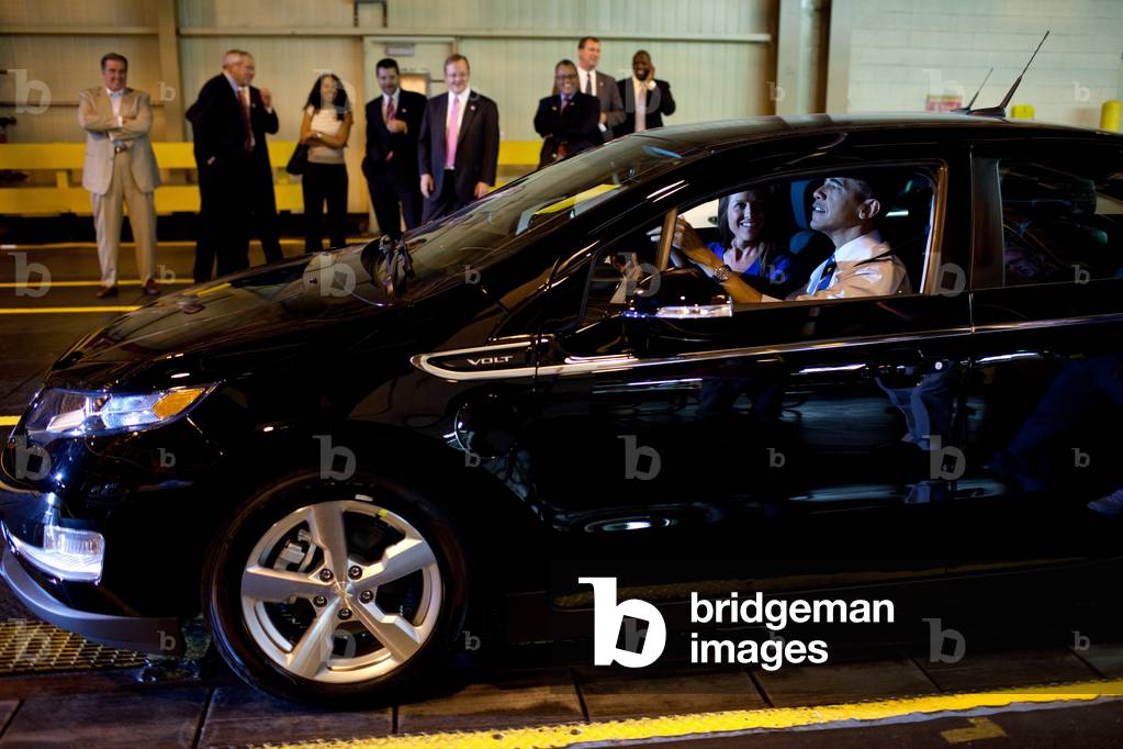 President Obama drives a new Chevy Volt General Motor's plug-in hybrid electric vehicle during his tour of the General Motors Auto Plant in Hamtramck Michigan. July 30 2010. (BSWH_2011_8_158)