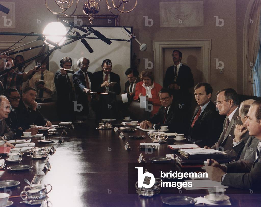 President Bush participates in a full National Security Council meeting regarding Iraq's invasion of Kuwait Aug 2-4 1990 . Attending were William Webster Robert Kimmitt Secretary Cheney Richard Darman Governor Sununu Attorney General Richard Thornb