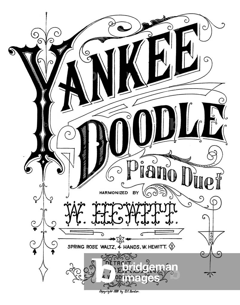Yankee Doodle, patriotic American song, piano duet harmonized by W. Hewitt, sheet music, 1881