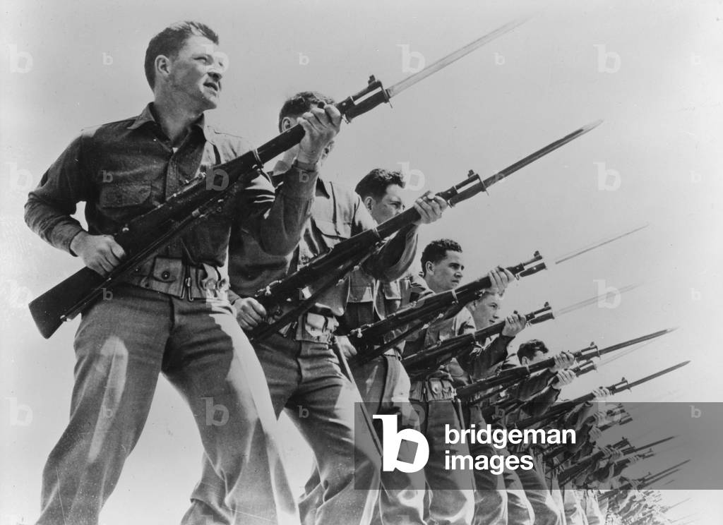 World War II, bayonet practice at a U.S. Army training camp, 1941