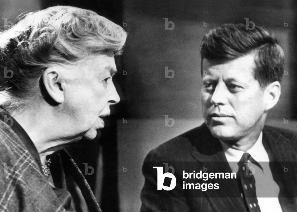 Eleanor Roosevelt and Sen. John F. Kennedy in a public appearance at Brandeis University, Jan. 3, 1960