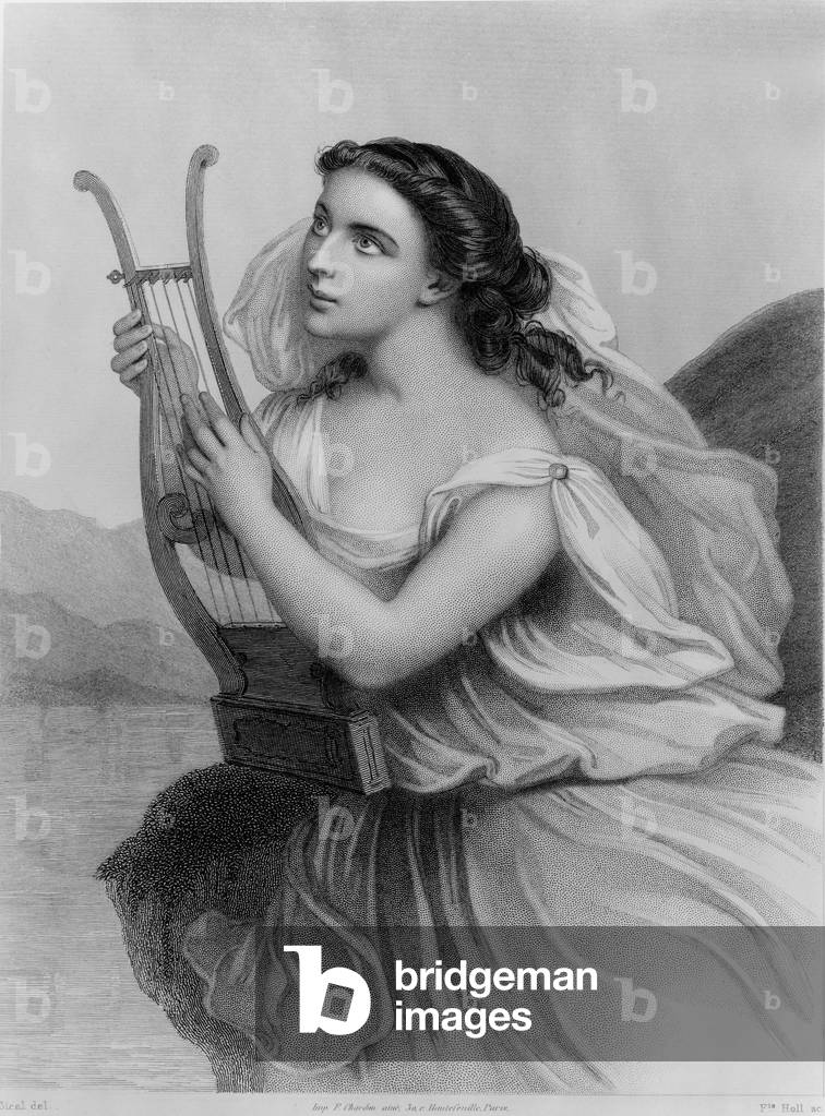 Sappho (610-570 BC) ancient Greek poet depicted holding lyre. 19th century engraving