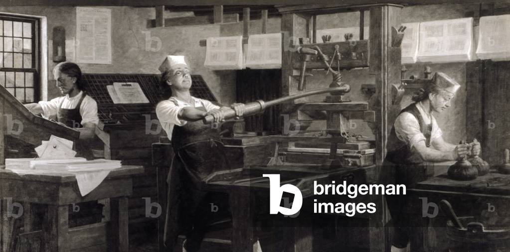 Benjamin Franklin the printer. Illustration of Ben Franklin as a young man operating his printing press in Philadelphia. 1914 illustration of scene ca 1720s