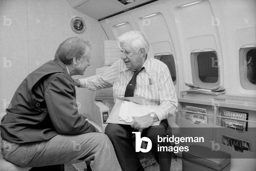 President Jimmy Carter talking with Speaker Thomas O'Neill 1912 1994 on Air Force One in 1978. O'Neill mentored Carter and guided the politically naive President's legislative programs through Congress