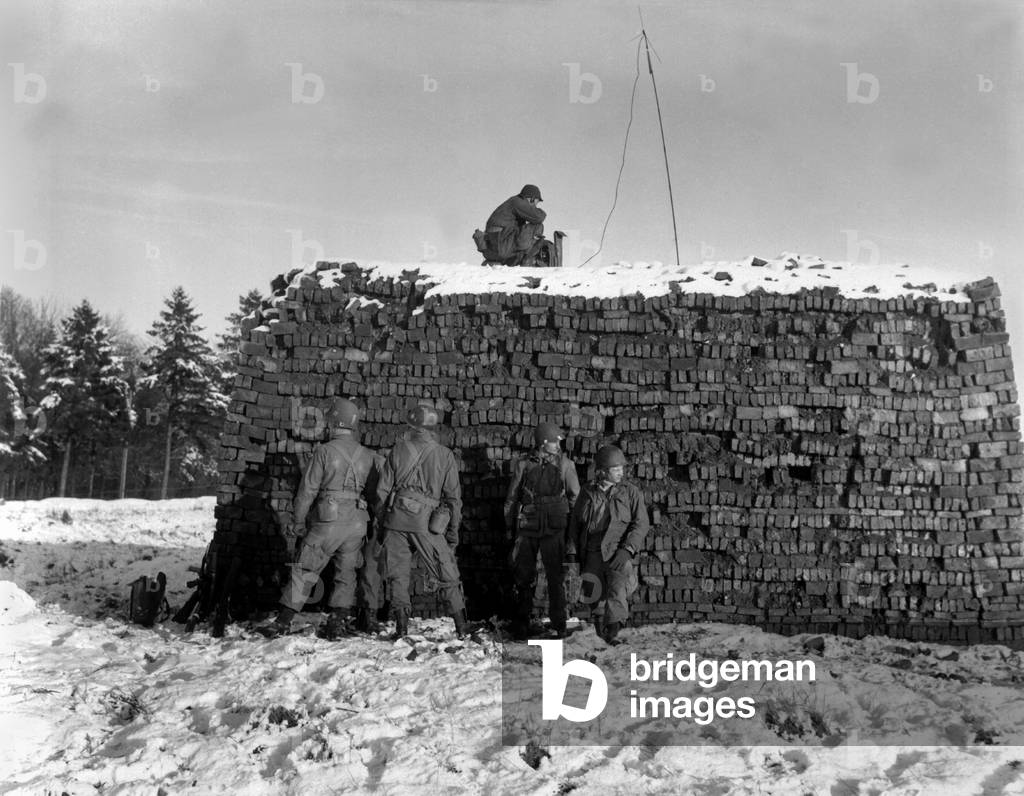 U.S. radar equipment on a pile of bricks during the Battle of the Bulge. It was used to guide supply planes to Bastogne, which was under a German siege. Dec. 23, 1944, World War 2