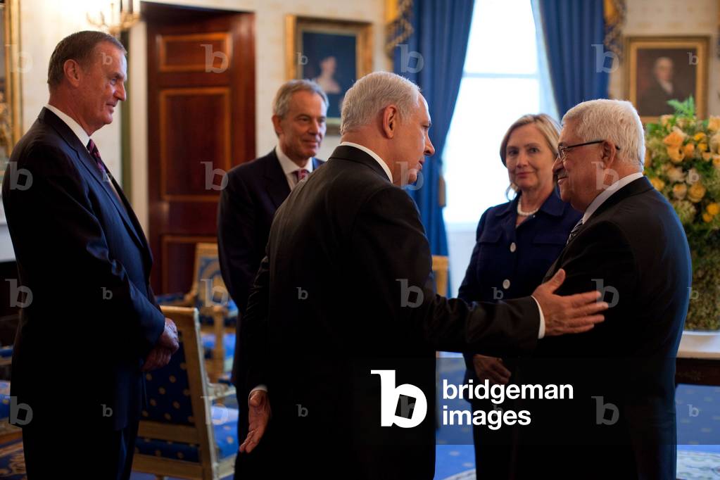 Palestinian-Israeli talks at the White House. Sept. 1 2010. L to R James Jones Tony Blair Benjamin Netanyahu Hillary Clinton Mahmoud Abbas. (BSWH_2011_8_257)