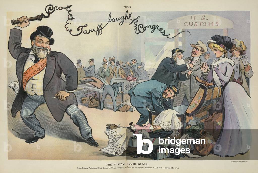 THE CUSTOM HOUSE ORDEAL. Cartoon against protective tariffs which caused American travelers to undergo customs inspections searching for undeclared goods purchased abroad. A merchant the 'Dealer in Protected Goods ' snaps his whip to form the words 'Pro