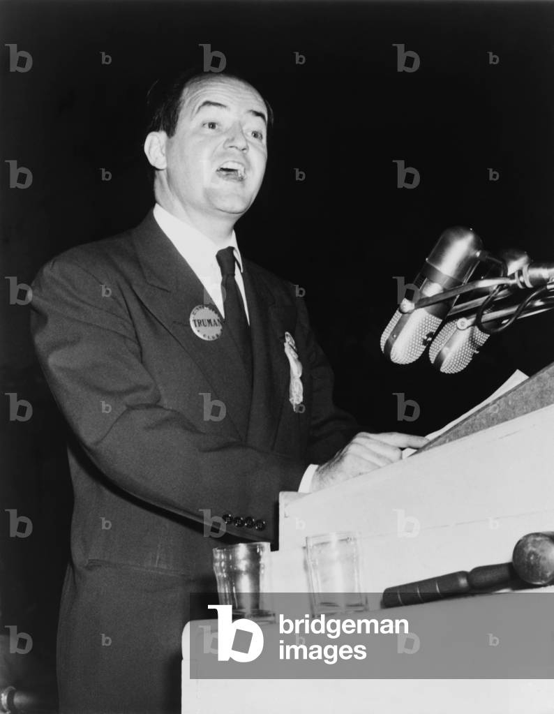 Hubert Humphrey (1911-1978), making his historic speech in defense of civil rights for African Americans at the Democratic National Convention at Philadelphia, July 14, 1948
