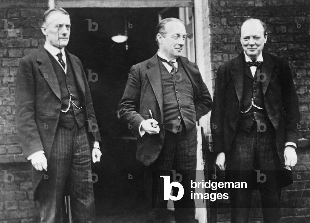 British Conservative party leaders in 1925. From left, Austen Chamberlain, Foreign Secretary; Premier Stanley Baldwin; and Sir Winston Churchill, Chancellor of the Exchequer