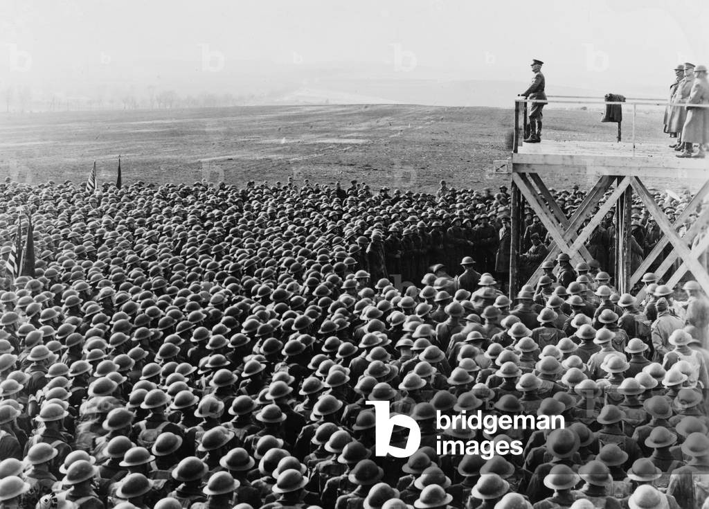 General John Pershing, on reviewing stand addressing the men of the 4th Div. in Kaisersech, Rhenish Prussia, Germany, Mar. 18, 1919