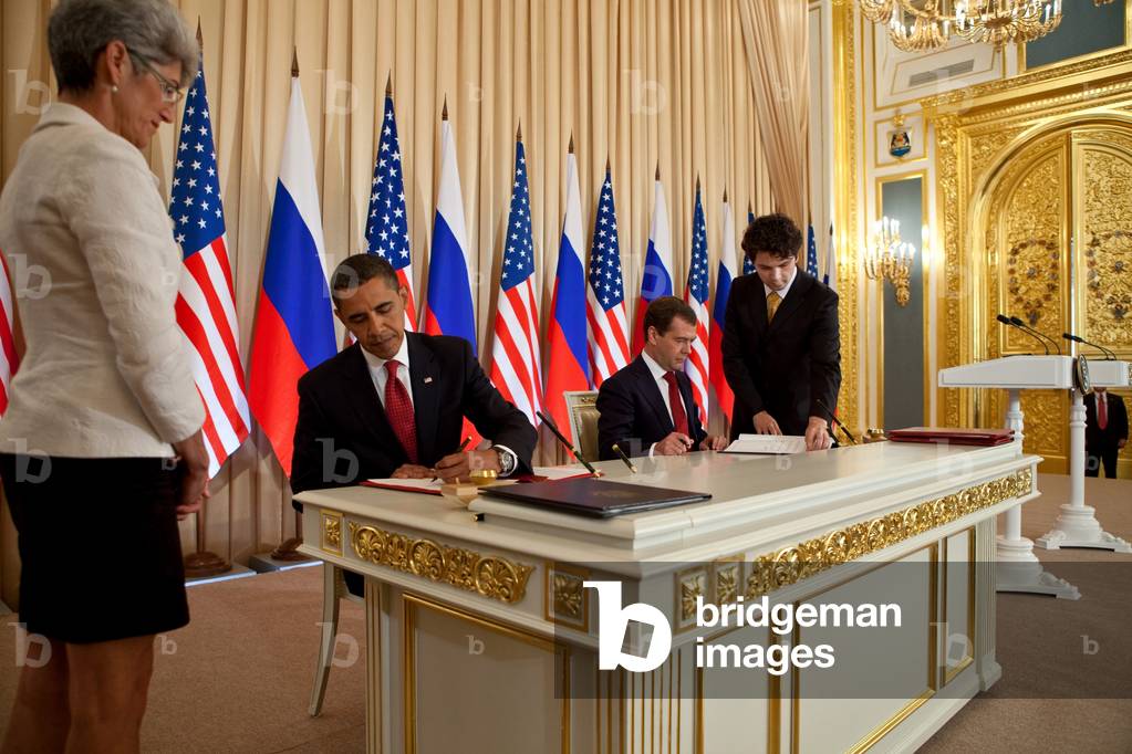 President Obama and Russian President Dmitry Medvedev sign a preliminary agreement to reduce American and Russian nuclear arsenals at the Kremlin. July 6 2009. (BSWH_2011_8_266)