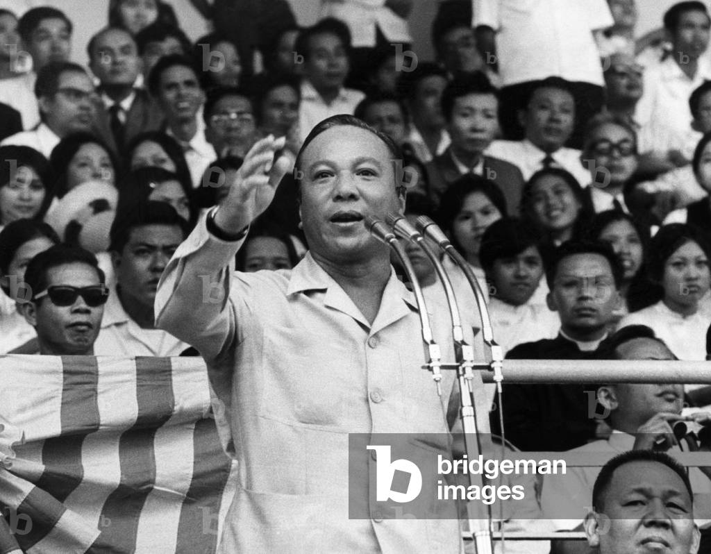 President of South Vietnam Nguyen Van Thieu, addressing members of the 'Rear Defense Forces' in a rally in Saigon, 1972.