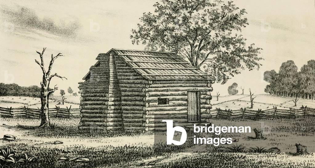 A frontier Presbyterian Church. The log cabin church was built in western Pennsylvania. c. 1800