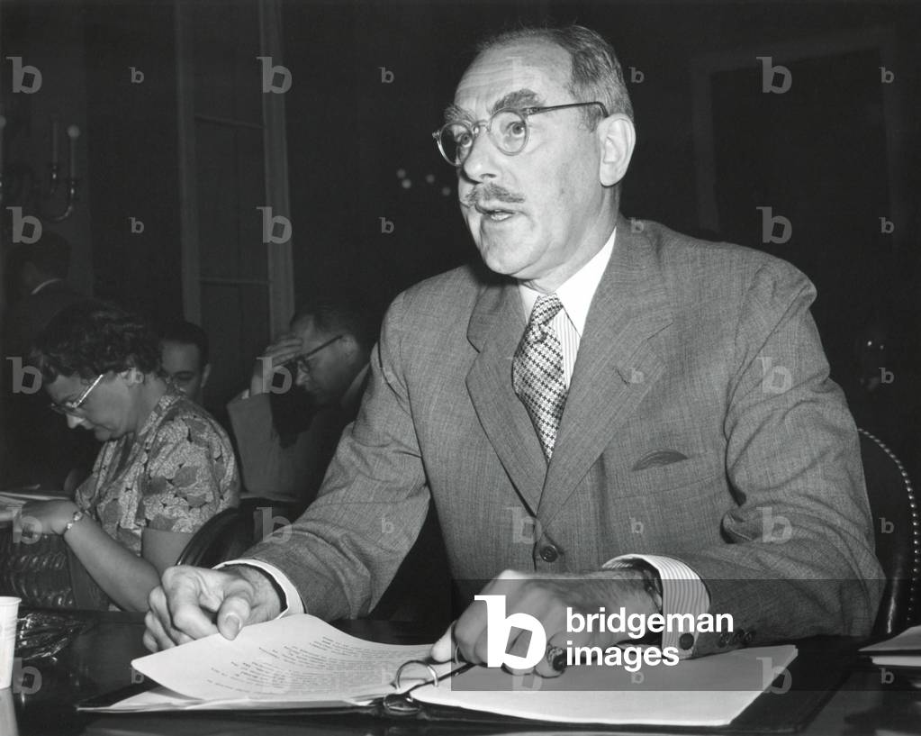 Dean Acheson, Sec. of State, testifying before the House Foreign Affairs Committee. He was supporting a second Mutual Defense Assistance Program before the house Foreign Affairs Committee. June 5, 1950.