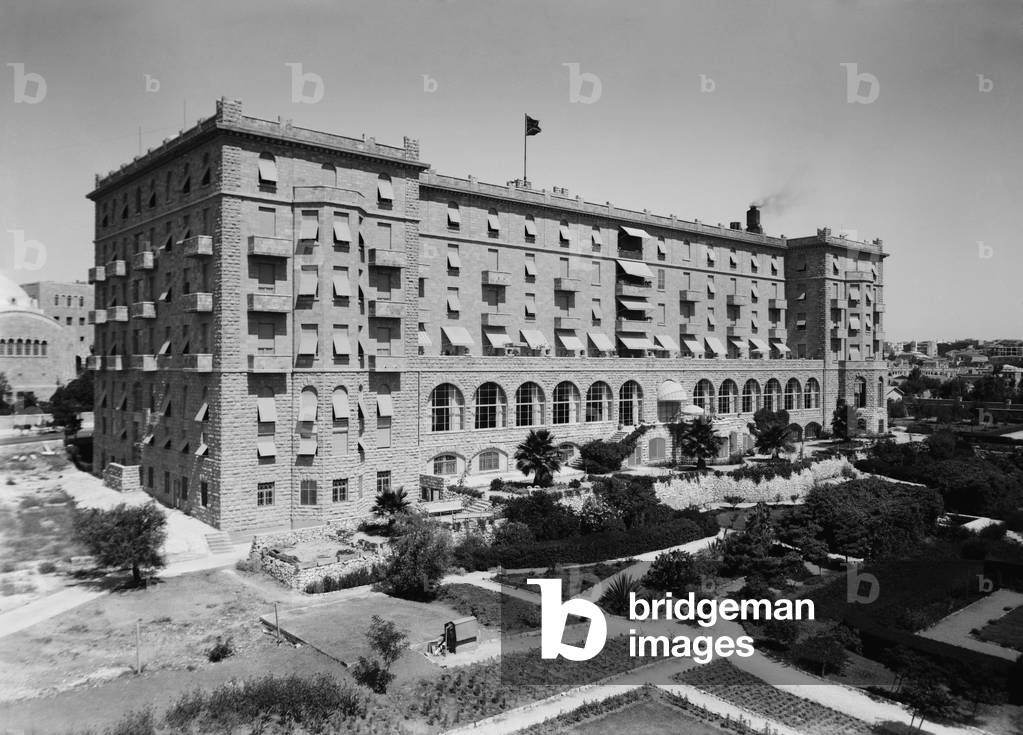 King David Hotel from garden side in Jerusalem, Palestine, in the 1930s. The landmark luxury hotel opened in 1932. During the Jewish Insurgency in the 1940s, British military headquarters occupied sections of the hotel.