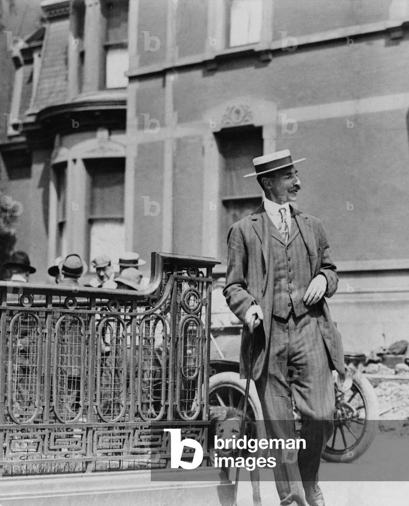 John Jacob Astor IV (1864-1912), walking his dog. He was a talented aristocrat who engaged in business, inventing, writing and reached the rank of lieutenant colonel in the Spanish-American War. He perished on the Titanic in 1912