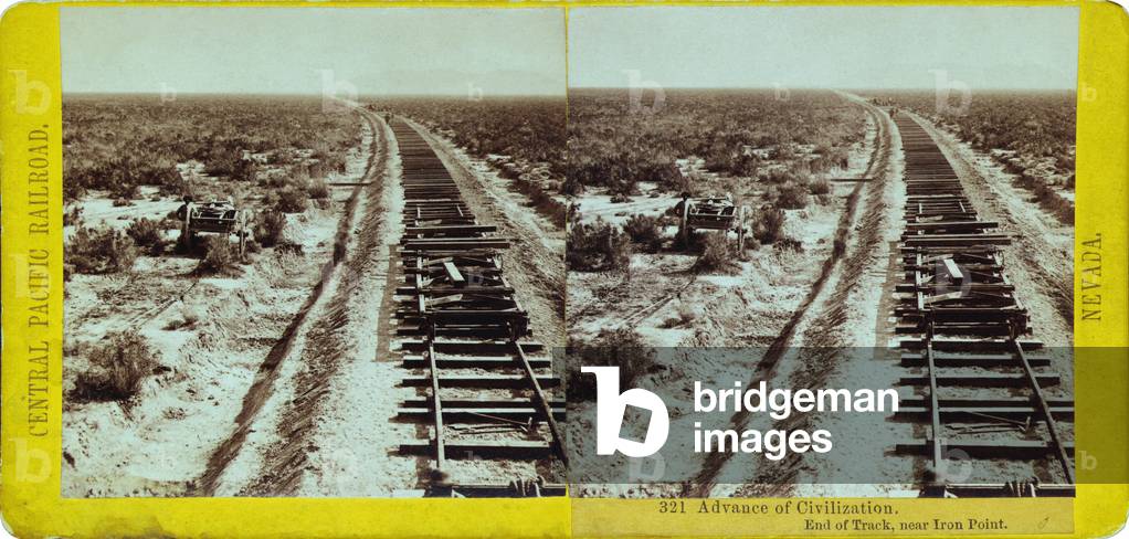 ADVANCE OF CIVILIZATION. Railroad tracks under construction near Iron Point in the vicinity of the Humboldt River Nevada. Photo by Alfred A. Hart between 1865-1869. LC-DIG-stereo-1s00621