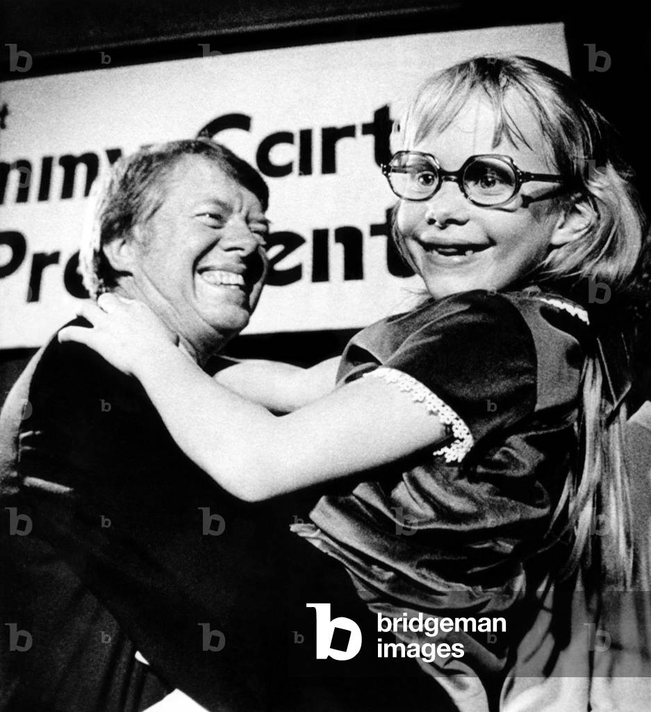 Governor Jimmy Carter of Georgia with his daughter, Amy, after he announced he would run for president, 1974