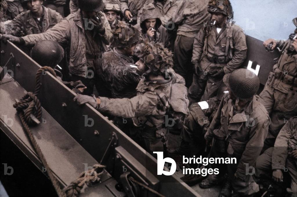 US gliders pilots going back in England, after Normandy Landings, 1944 (Photo with oil color)