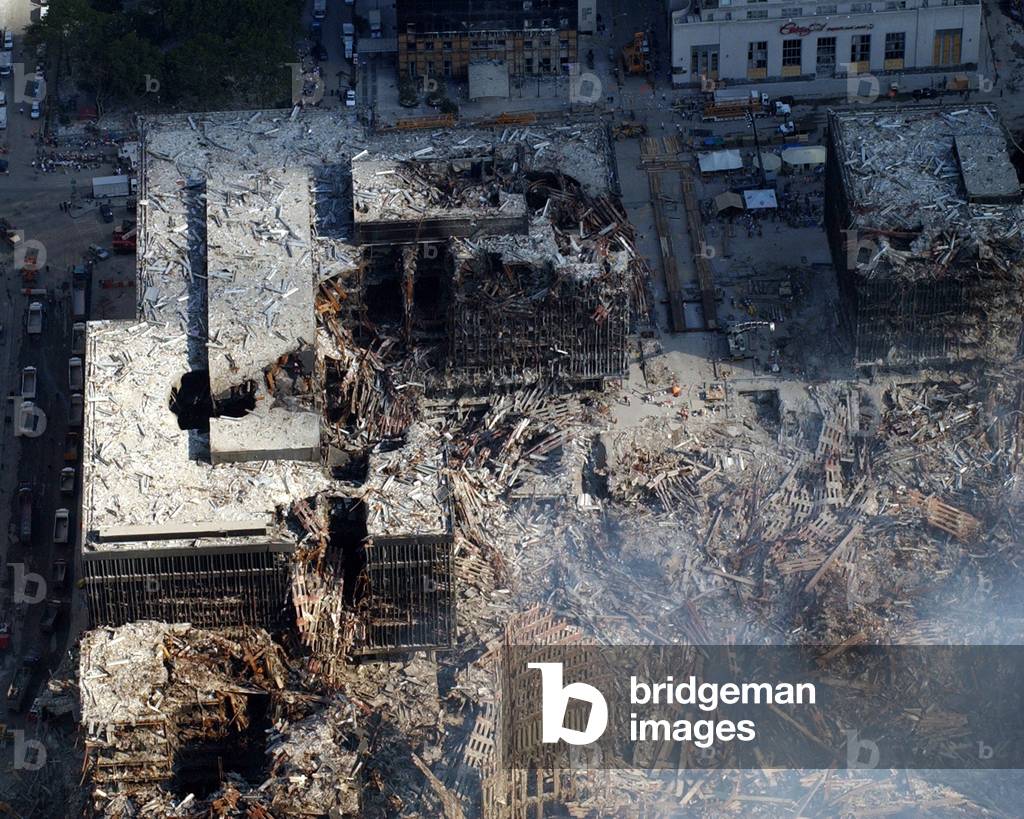 Ruins of the collapsed World Trade Center buildings following the 9/11 terrorists attacks in New York City. Sept. 19 2001,
