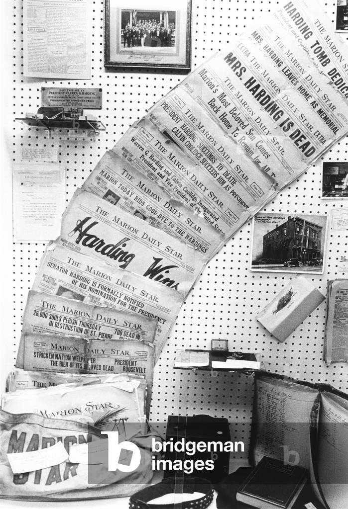 Warren Harding biography milestones in the headlines of his Newspaper, 'THE MARION DAILY STAR.' Display at the Harding Memorial Association in Marion. 1969