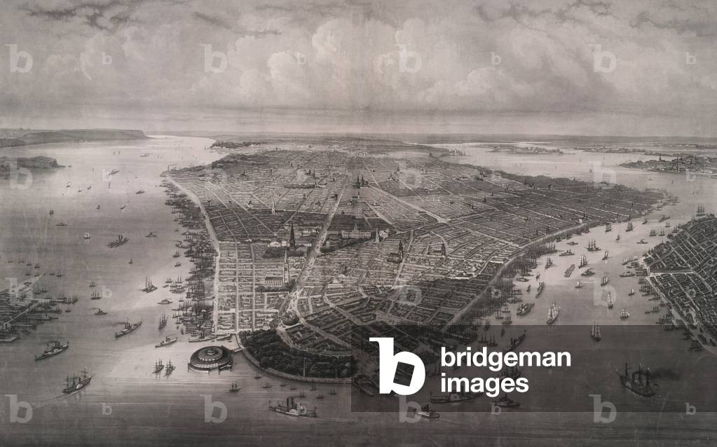 1851 bird's eye view of New-York, looking north over the length of Manhattan with Battery Park and Castle Garden in the foreground