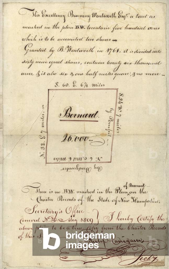 Barnard, Vermont. Originaly Bernard, a town chartered under a New Hampshire Grant . Plan of a land grand by Governor Benning Wentworth ca 1761