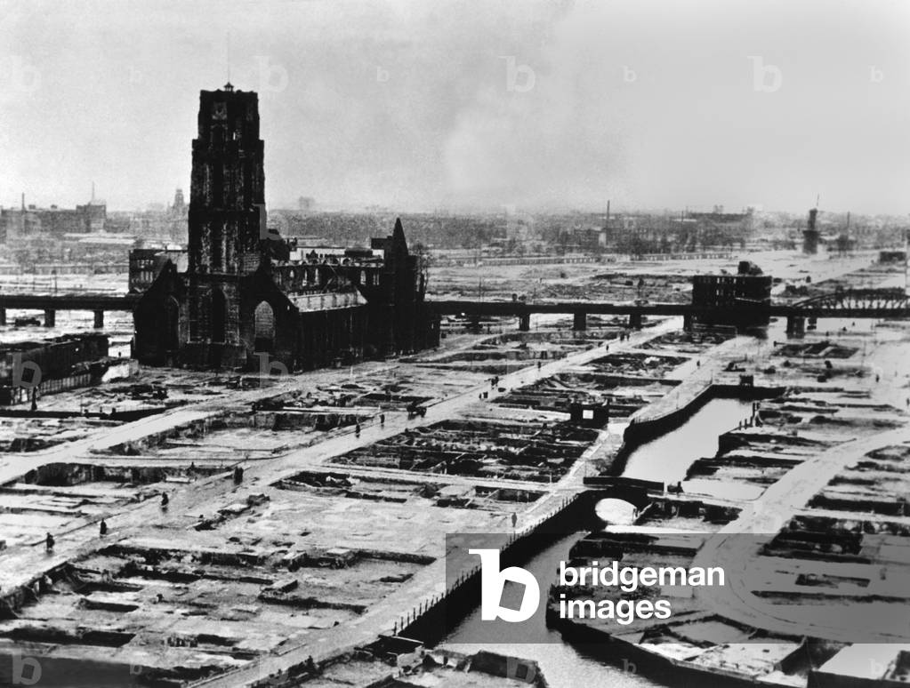 Rotterdam after the entire inner city was bombed by Germans, May 14, 1940. 30,000 civilians were killed when the Dutch defenders refused a German ultimatum to cease defense and surrender during the German World war 2 invasion of Netherlands
