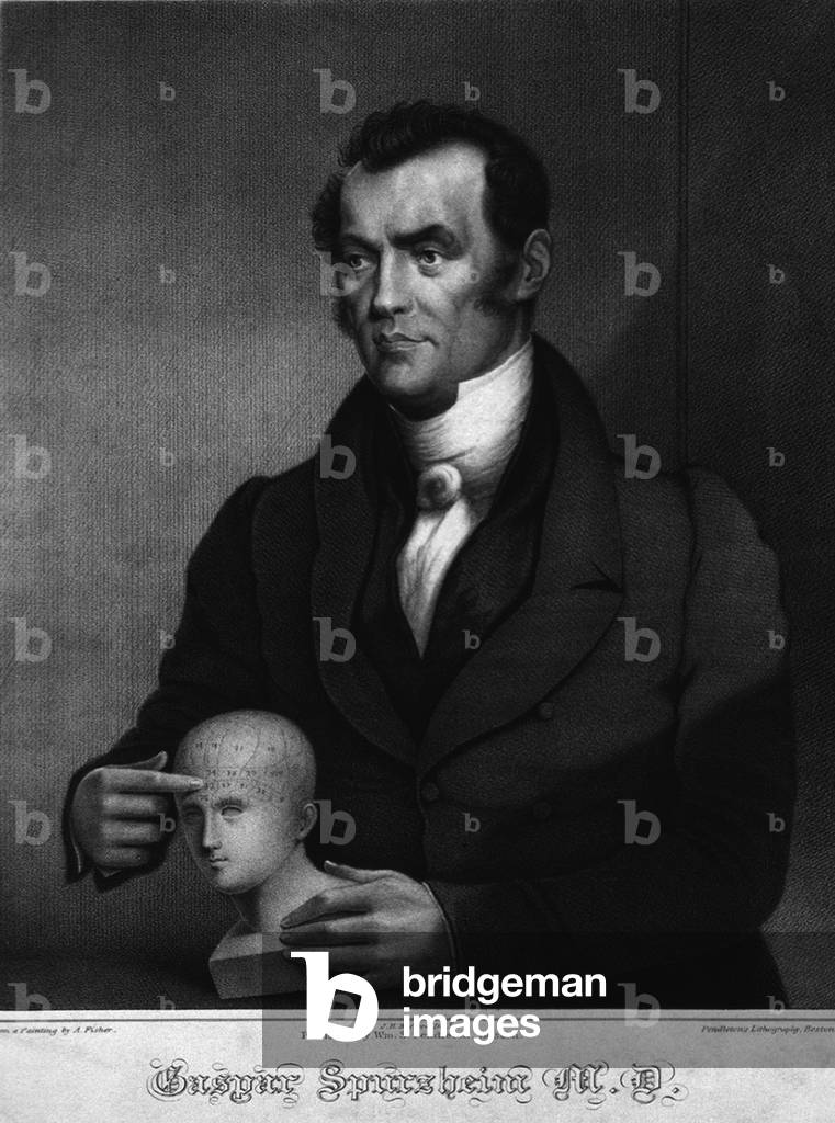 Johann Gaspar Spurzheim (1776-1832), German physician who toured Europe and the United States popularizing phrenology. In the 19th century, Phrenology succeeded the ancient personality theory of the Four Humors and preceded 20th century psychology. c. 1830