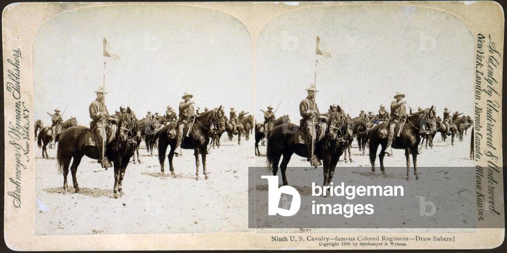 Buffalo soldiers of the Ninth U.S. Cavalry--famous Colored Regiment--Draw Sabers! stereocard c. 1898