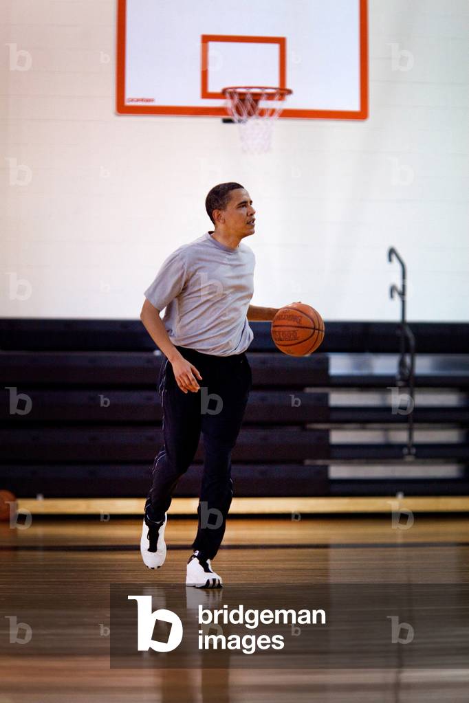 President Barack Obama dribbles the basketball at Fort McNair in Washington D.C. on May 9 2009.,