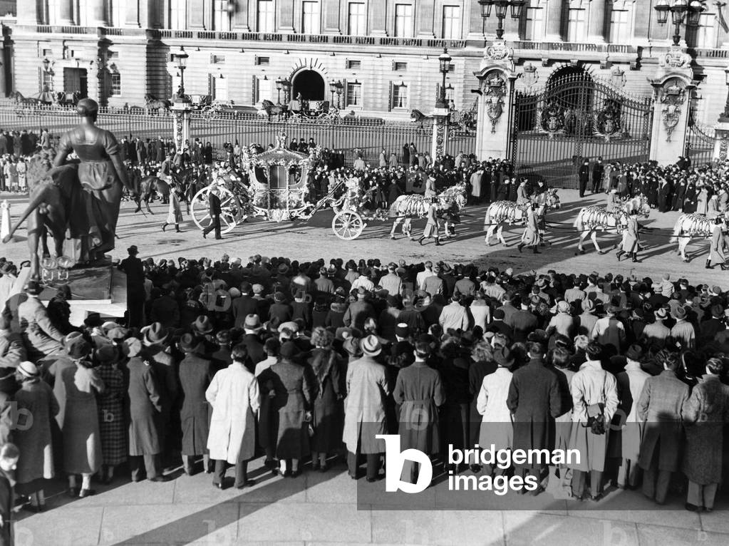 The Royal Coach leaving Buckingham Palace at the start of rehearsal of the Coronation, May 3, 1937,