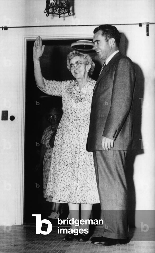 Nixon Family. Vice President (and future US President) Richard Nixon with his mother, Hannah Nixon, at the elder Nixons' home in Whittier, California, August, 1956