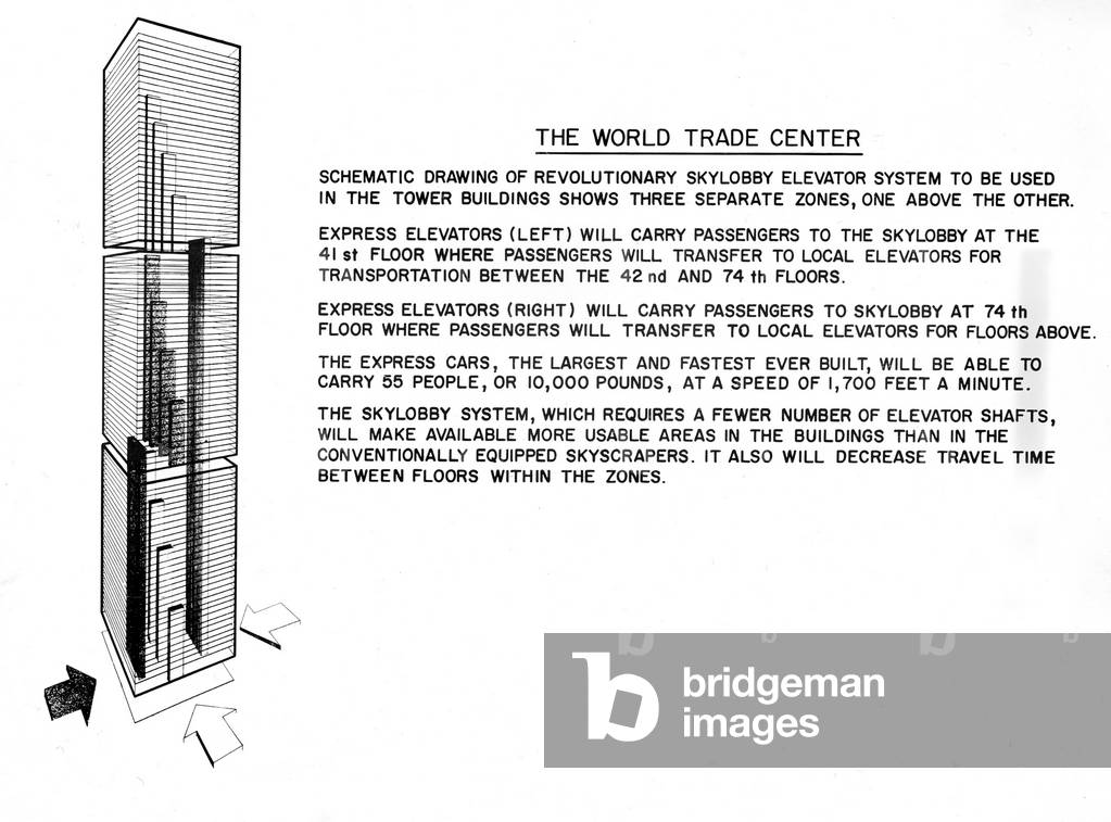 WORLD TRADE CENTER, TWIN TOWERS, diagram detailing operations of elevator, dated 04-08-67.