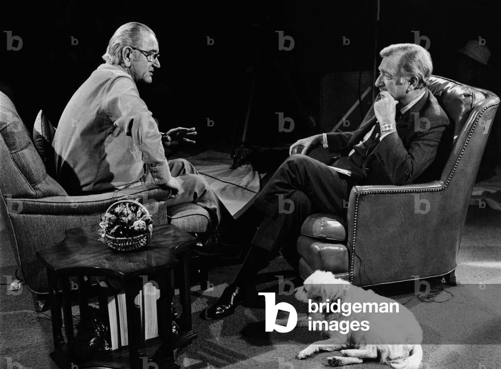 President Lyndon Johnson in his last public conversation. The former President was interviewed by CBS anchorman Walter Cronkite on Jan. 12, 1973 at the LBJ Ranch. Johnson's dog 'Yuki' lies on the floor. Johnson died of a heart attack ten days later on Jan. 22nd