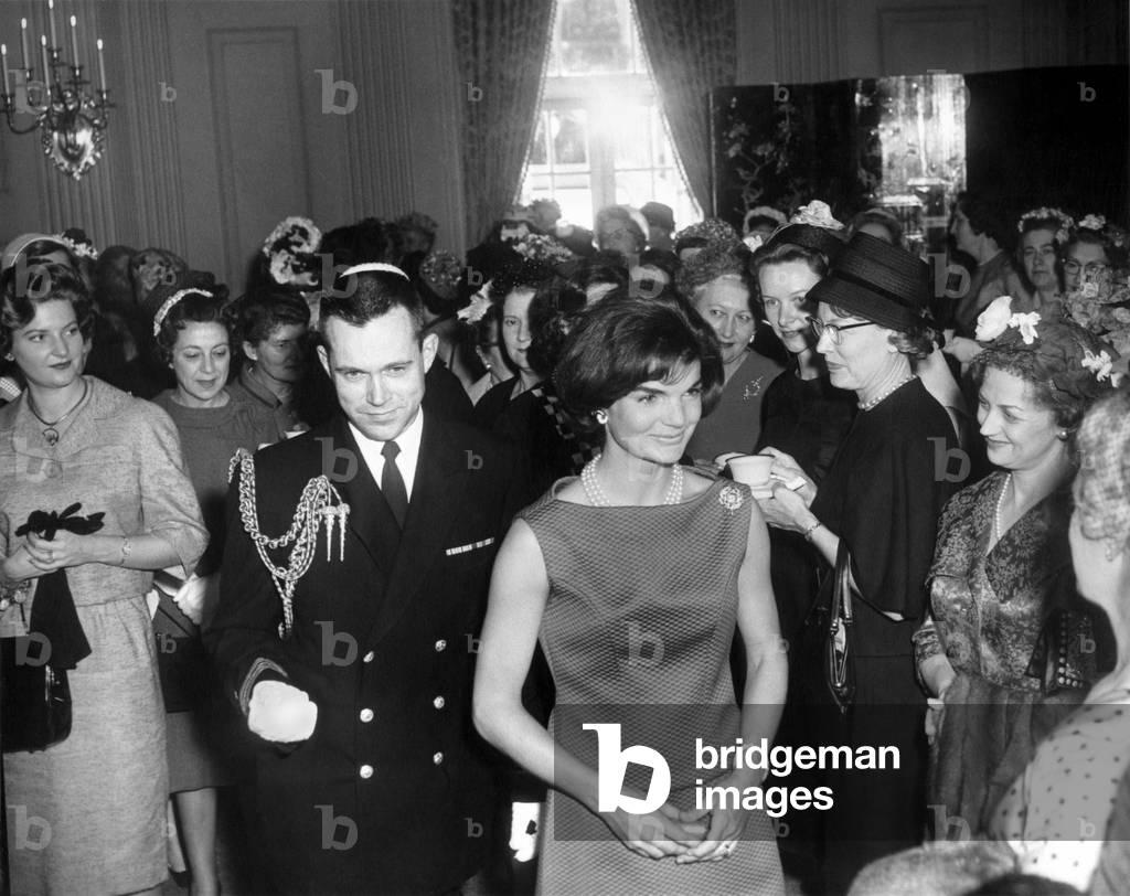 Jacqueline Kennedy at a reception for the wives of American Society of Newspaper Editors. April 19, 1961 in the Blue Room, White House.