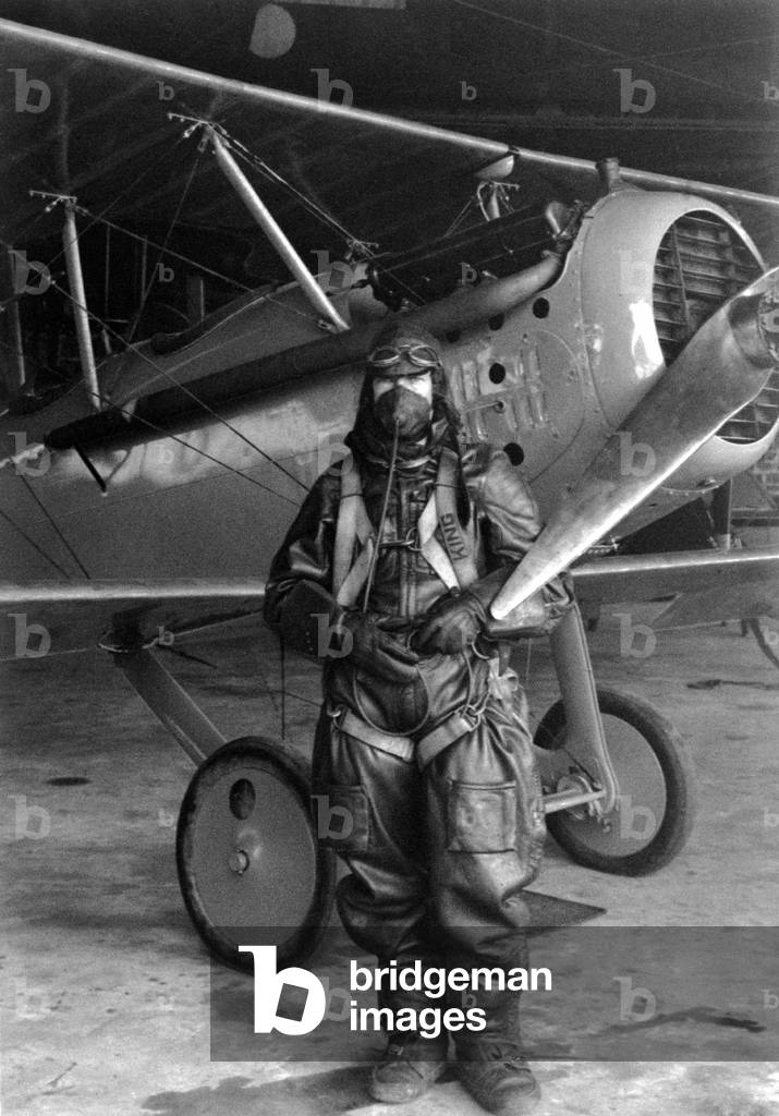Test pilot Paul King in a fur lined leather flying suit and oxygen mask before take off, Oct. 17, 1925. He will fly the NACA Vought VE-7,from Langley Field, Hampton, Virginia. National Advisory Committee for Aeronautics, NACA, was a Federal agency established in 1915, and was the predecessor of NASA