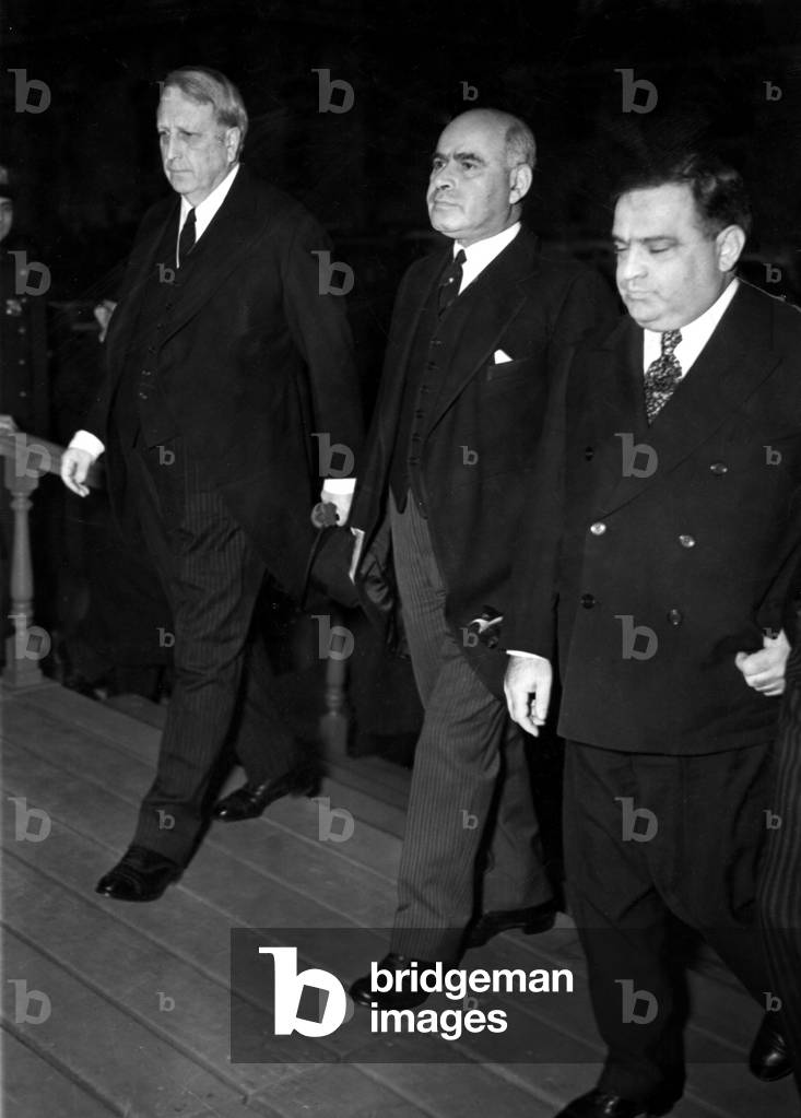 Fiorello LaGuardia, with William Randolph Hearst (l.) and Gov. Herbert H. Lehman attending the funeral of Arthur Brisbane, c. 1936